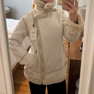 NWT - Cream Faux Fur/Shearling Moto Style Jacket